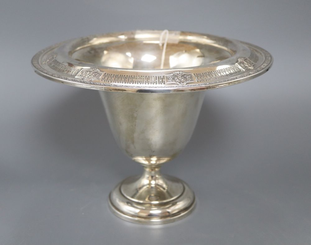 A 20th century pierced sterling wide rimmed pedestal vase, diameter 27cm, 19oz.